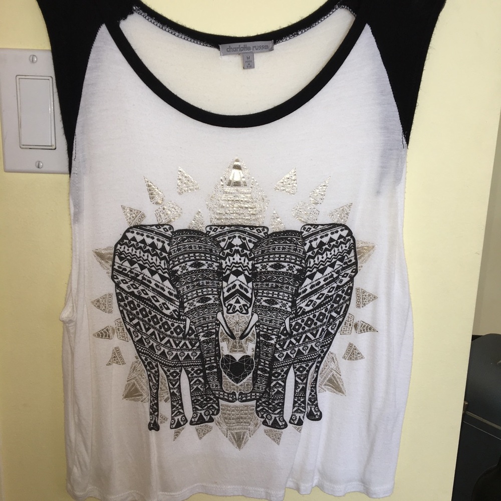 White& black tank top with elephants on the front